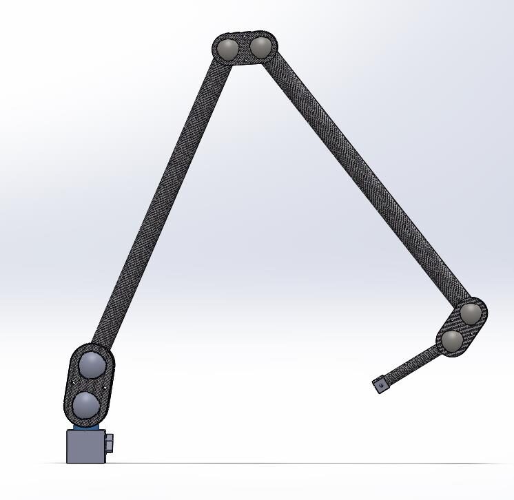 Rendered CAD view of a black two-link arm folded in an inverted V, with a small gray base block at the lower left.