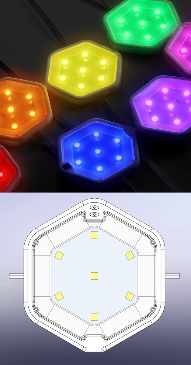 Upper part shows coloured hexagonal lights; lower part is a technical drawing of a hexagonal light with LED positions marked.