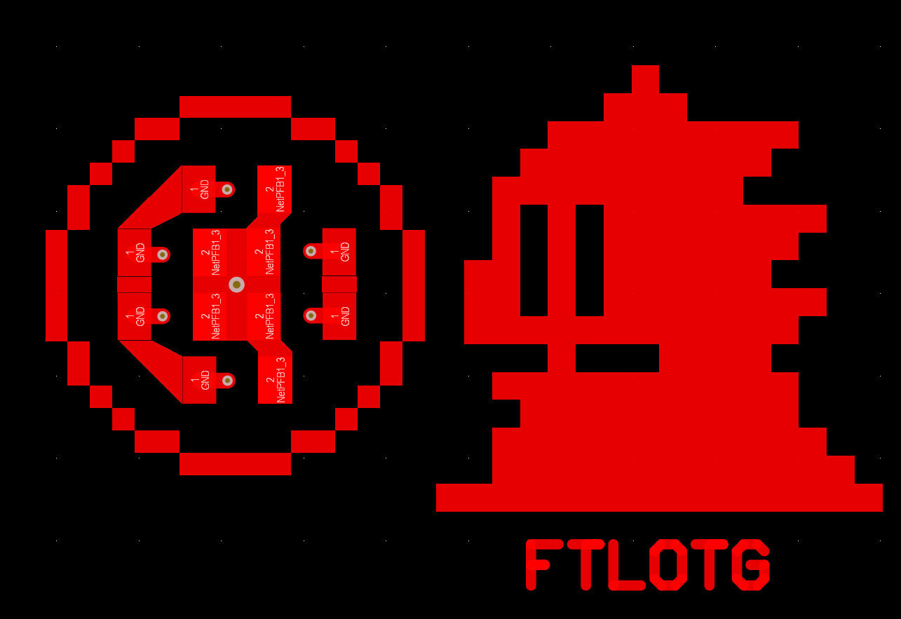 Black-background layout view with red pixel art of a round shape and a spiky character, with FTLOTG below.