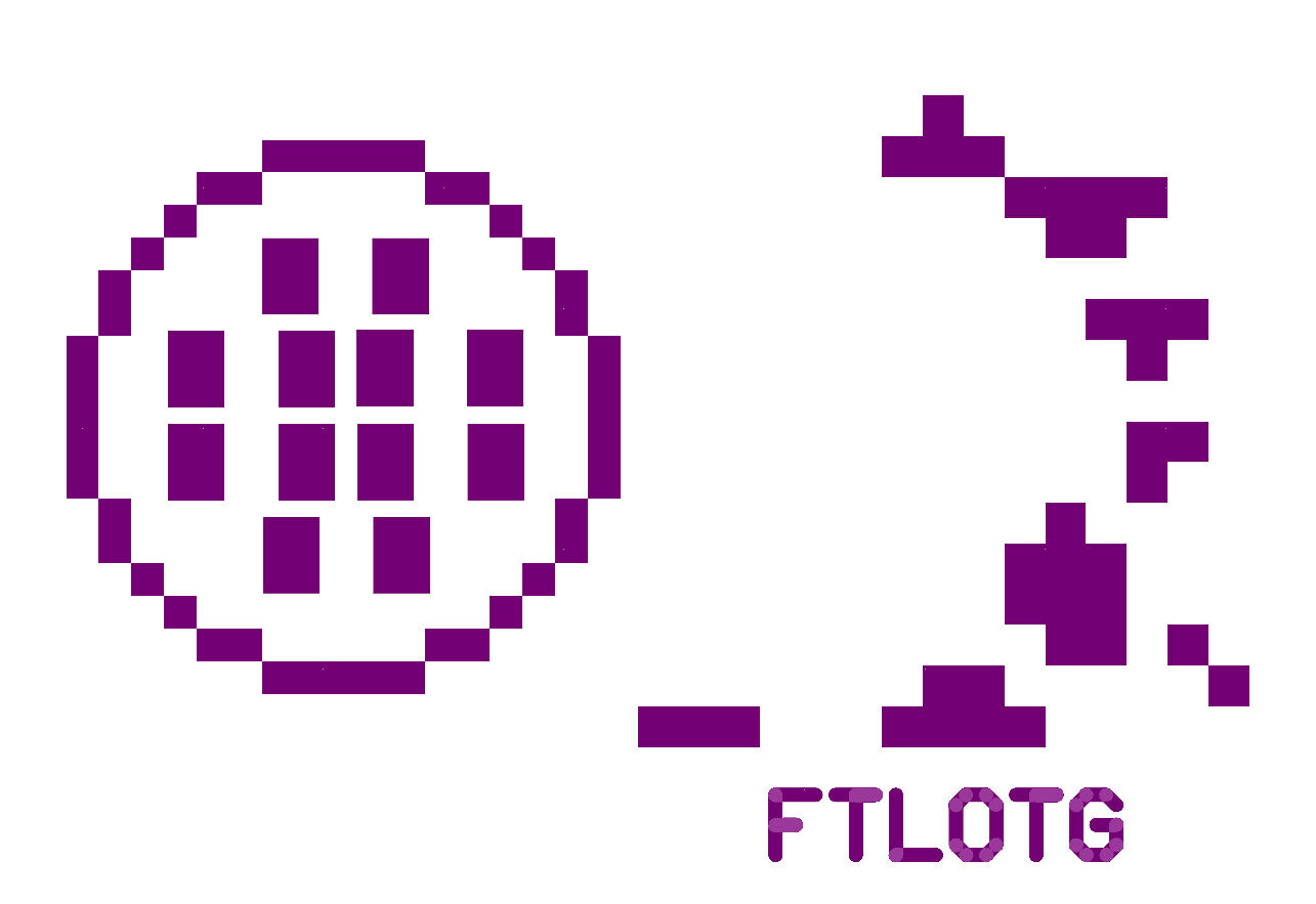 Purple pixel art on white showing a dotted circle and fragments of a character, with FTLOTG below.