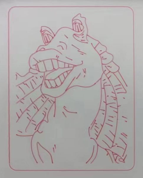 Pink marker line drawing of a character with a large mouth, drawn on a white board inside a rounded border.